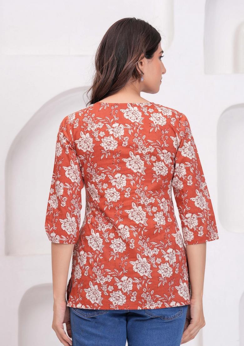 Rust Printed Cotton Kurti - Indya