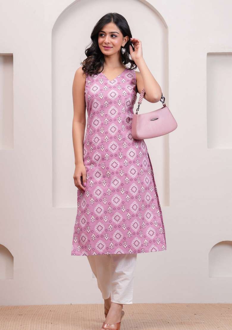 Mauve Printed Cotton Kurta - Indya