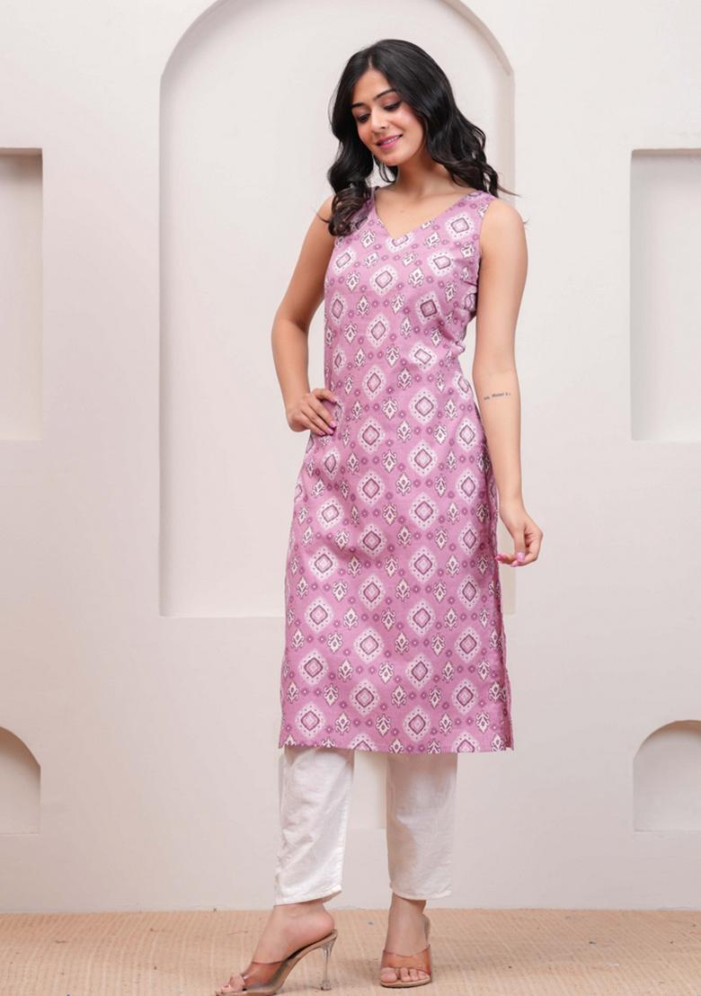Mauve Printed Cotton Kurta - Indya