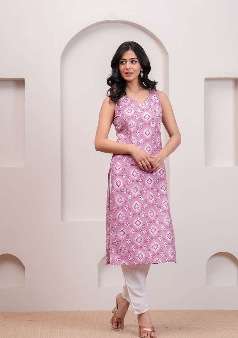 Mauve Printed Cotton Kurta - Indya