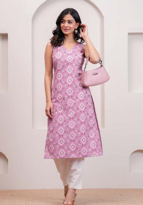 Mauve Printed Cotton Kurta