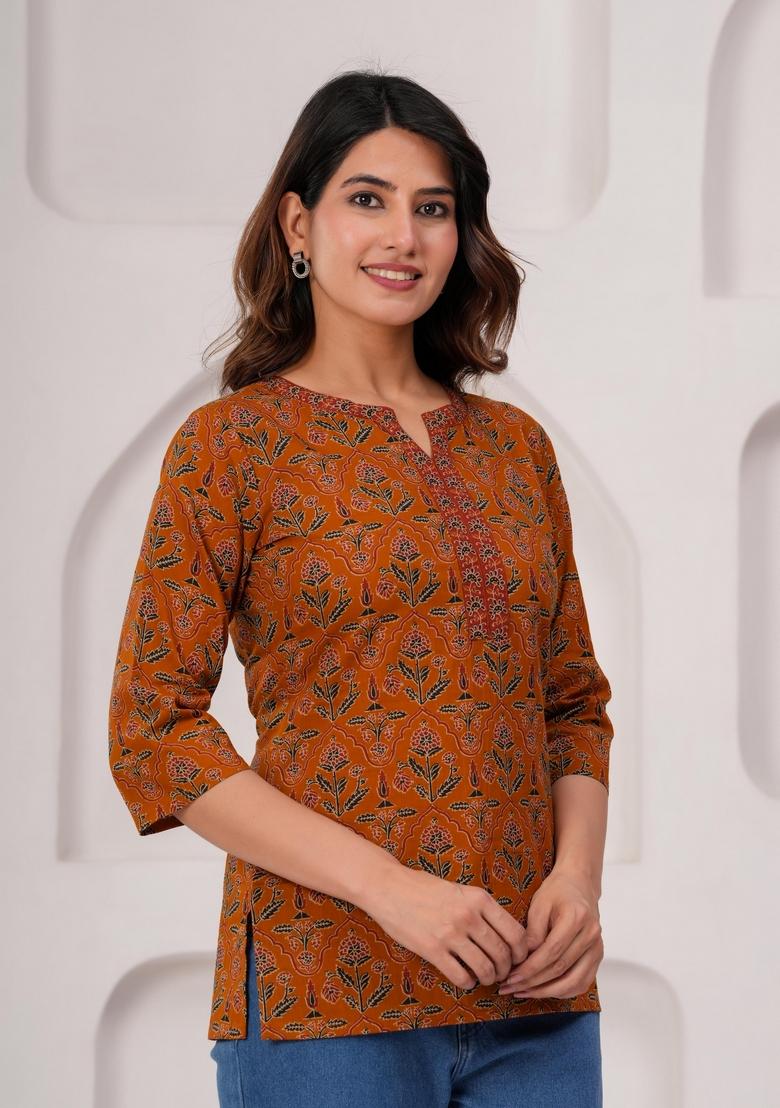 Mustard Printed Cotton Tunic - Indya