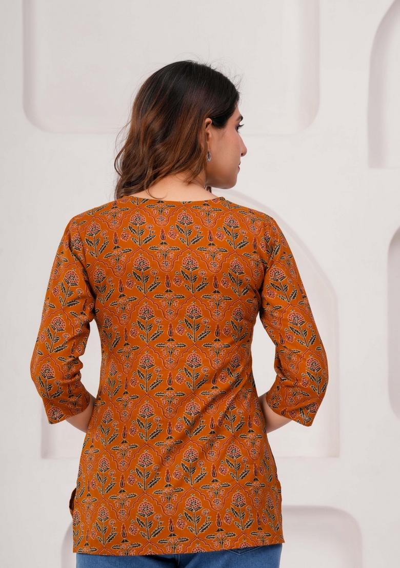 Mustard Printed Cotton Tunic - Indya