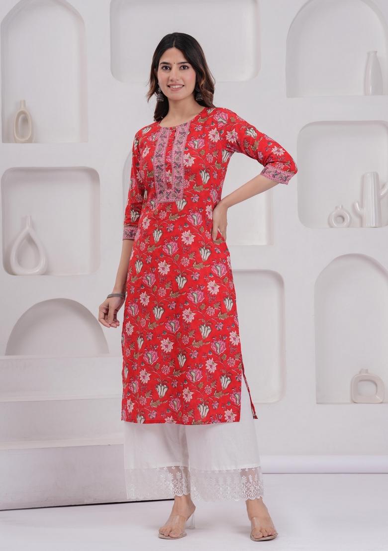 Red Printed Cotton Kurta - Indya