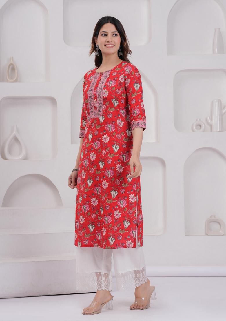 Red Printed Cotton Kurta - Indya