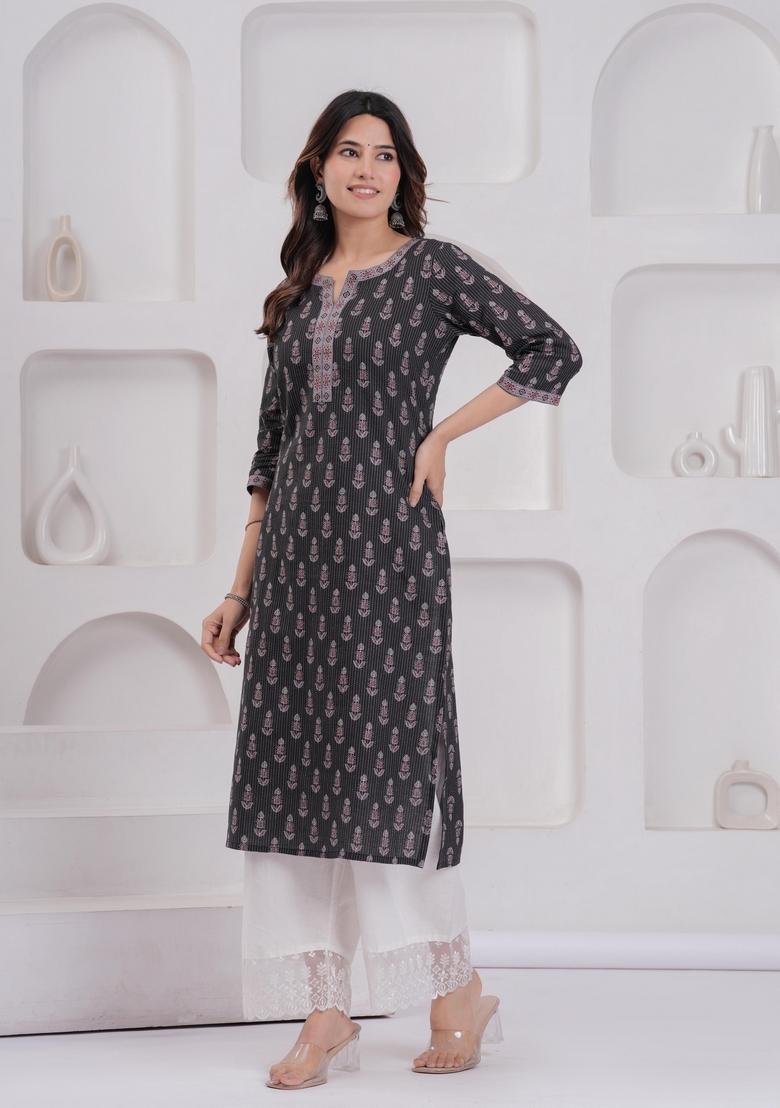 Black Printed Cotton Kurta - Indya