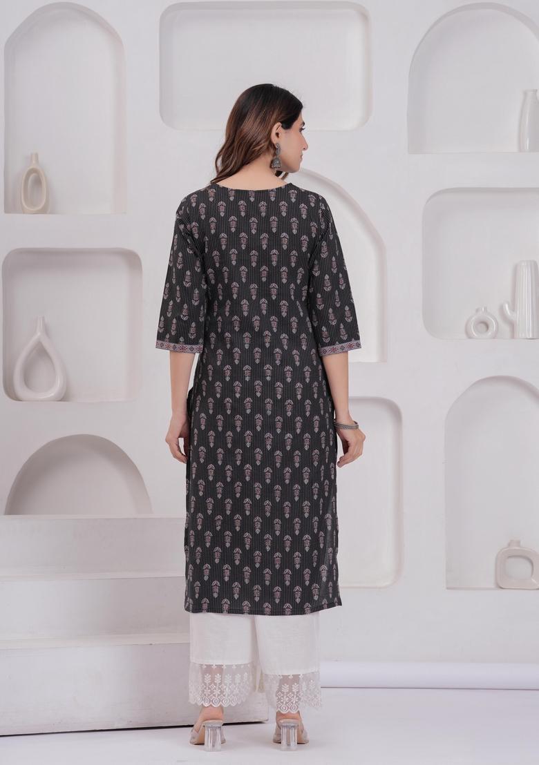 Black Printed Cotton Kurta - Indya