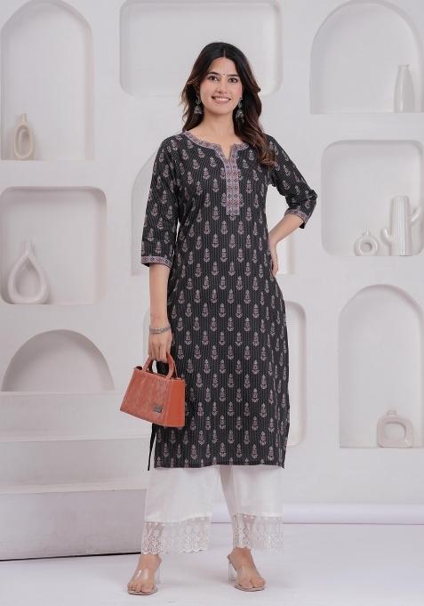 Black Printed Cotton Kurta