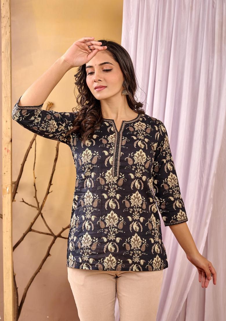 Black Printed Cotton Tunic - Indya