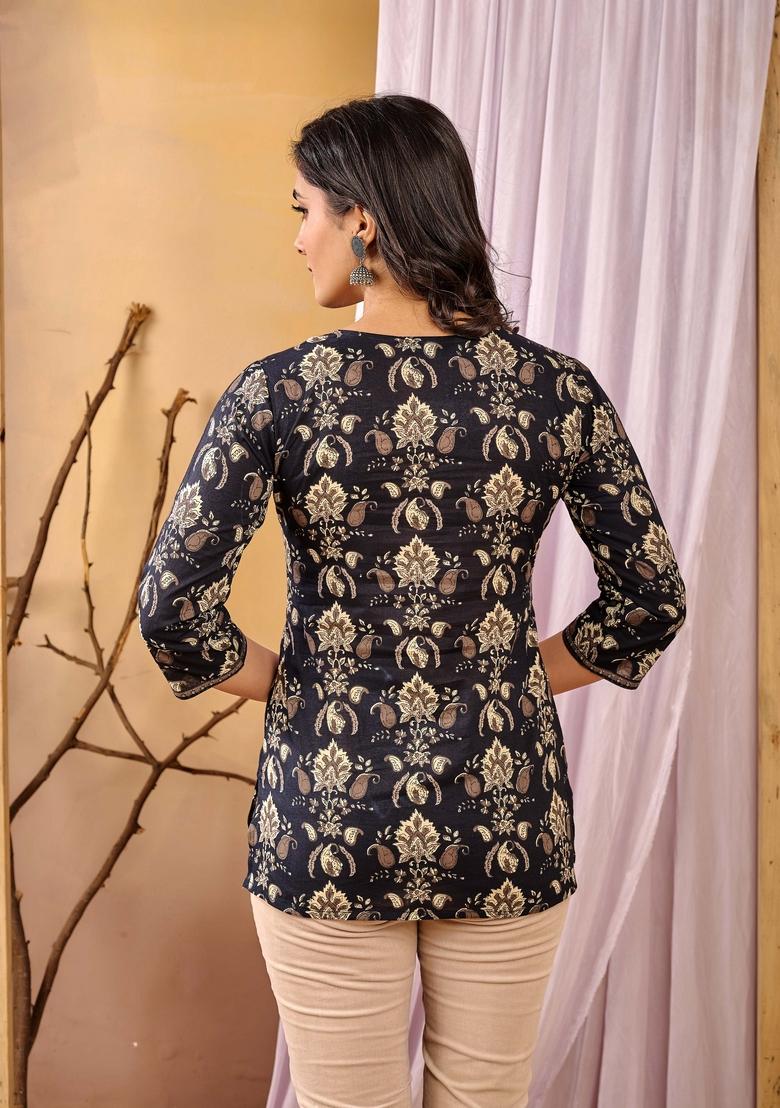 Black Printed Cotton Tunic - Indya