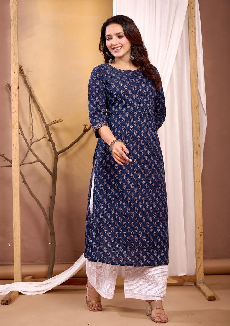 Navy Blue Printed Cotton Kurta - Indya