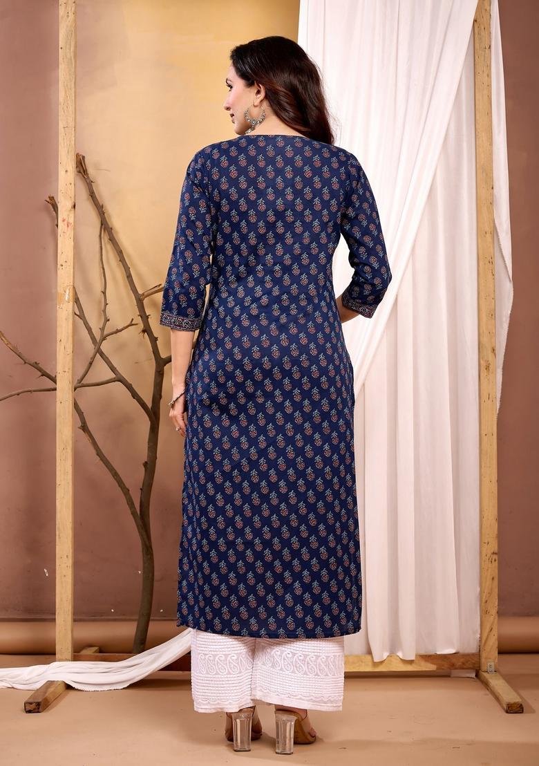 Navy Blue Printed Cotton Kurta - Indya