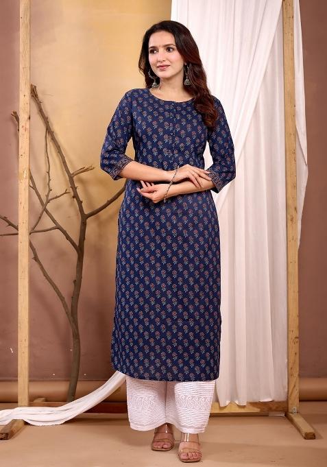 Navy Blue Printed Cotton Kurta