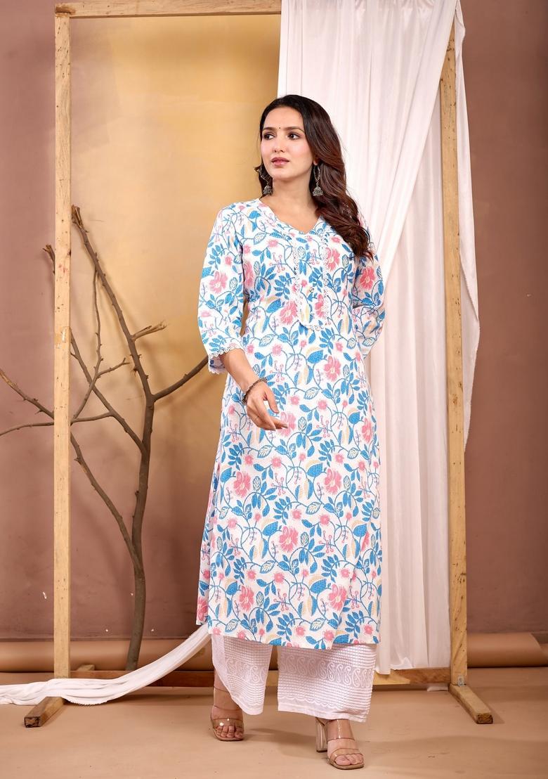 Off White Printed Cotton Kurta - Indya