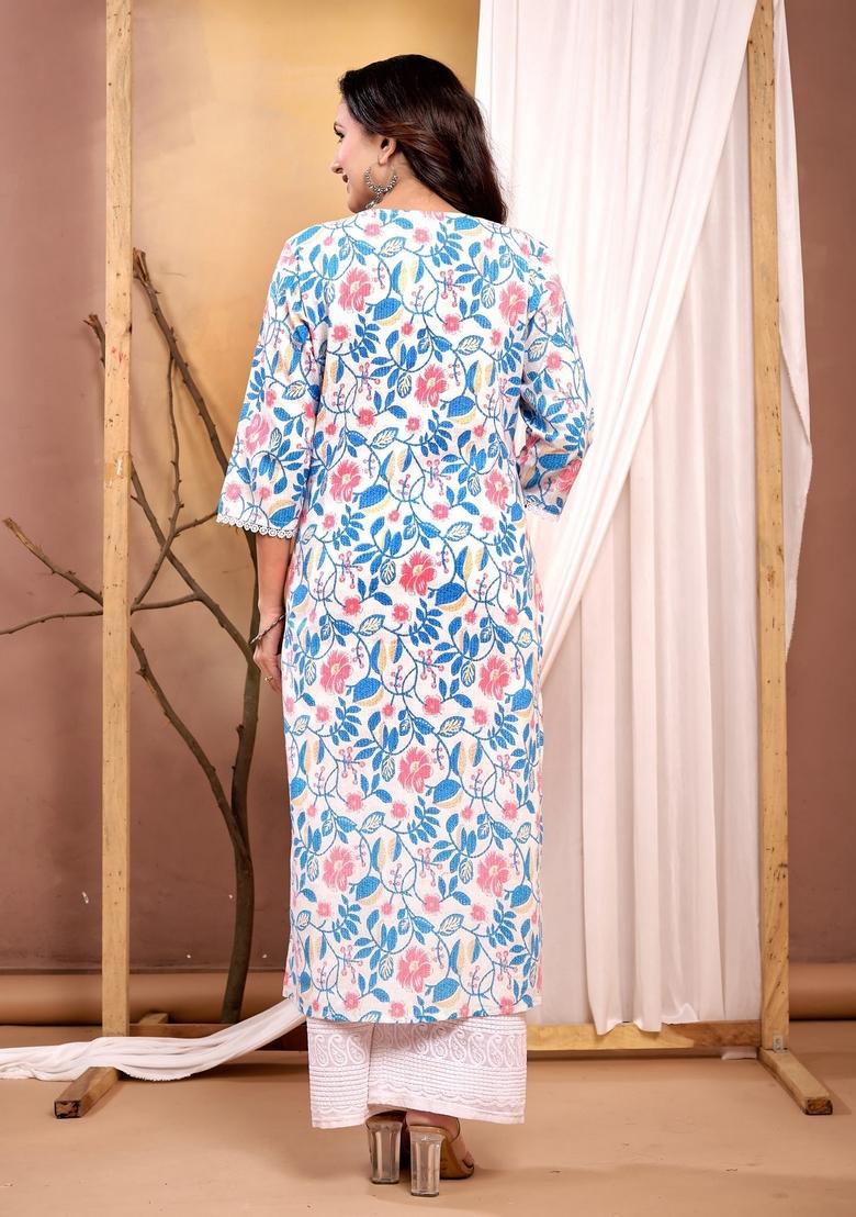 Off White Printed Cotton Kurta - Indya