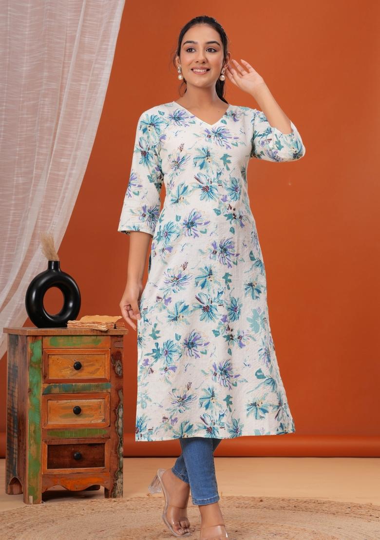 Off White Printed Cotton Kurta - Indya