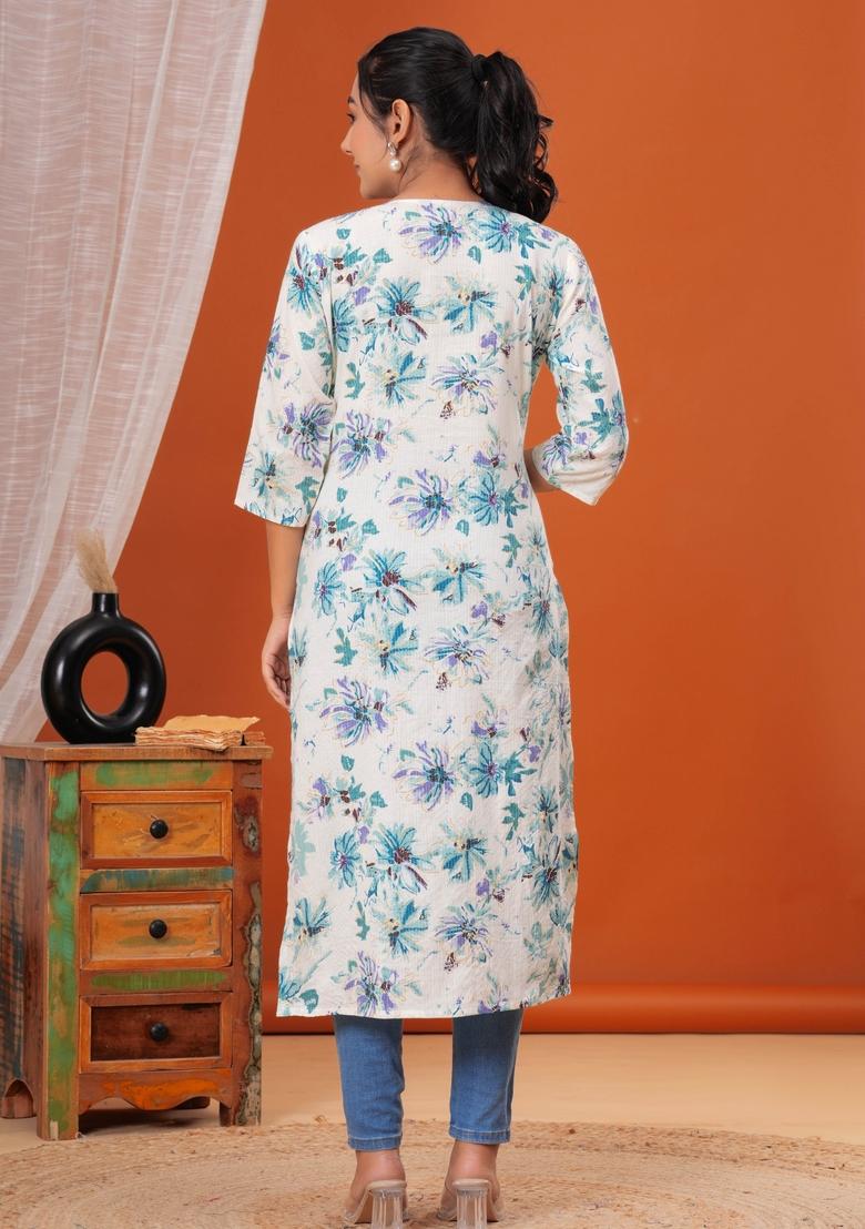 Off White Printed Cotton Kurta - Indya