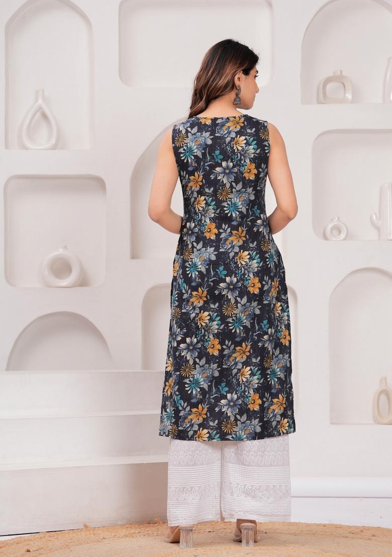 Navy Blue Printed Cotton Kurta - Indya