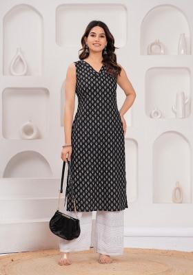 Black Printed Cotton Kurta