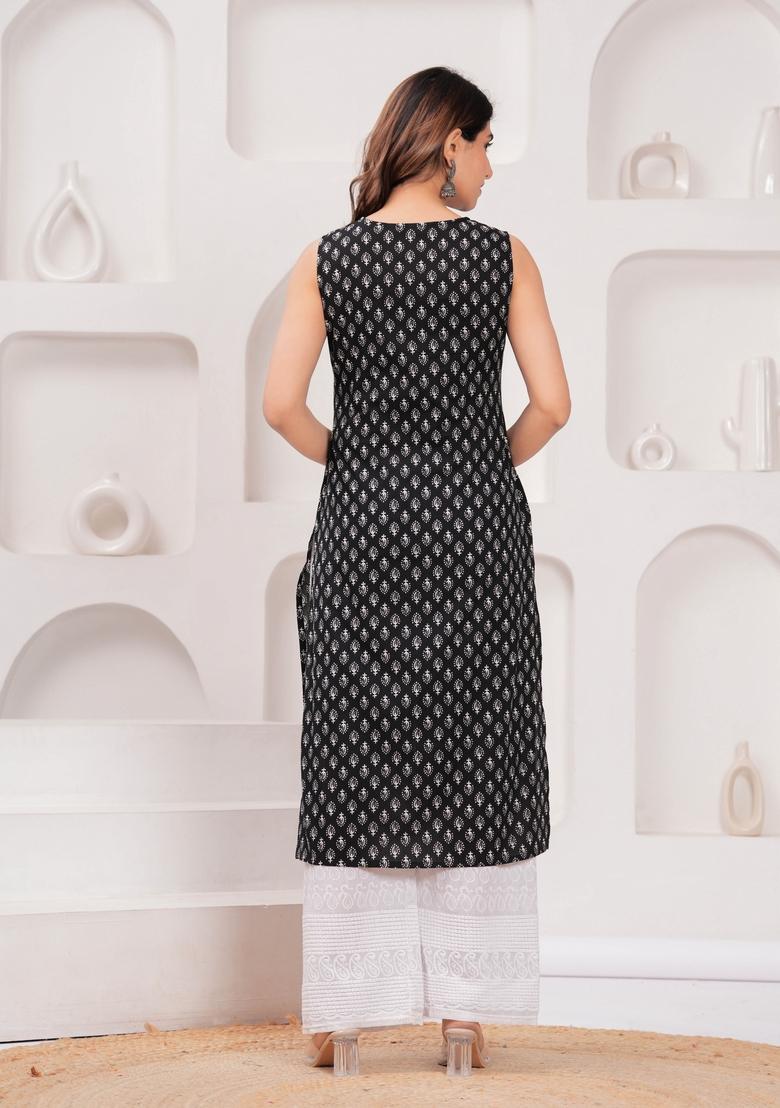 Black Printed Cotton Kurta - Indya