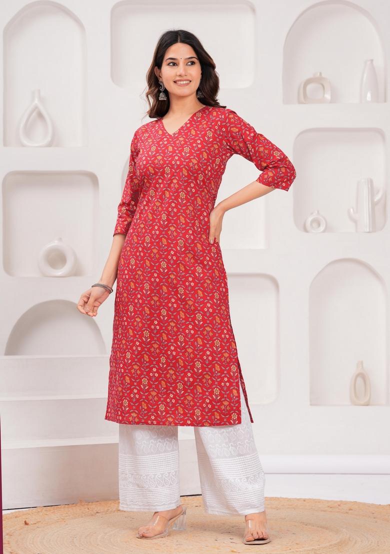 Red Printed Cotton Kurta - Indya