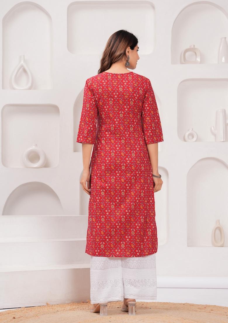 Red Printed Cotton Kurta - Indya