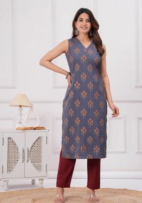Grey Printed Cotton Kurta