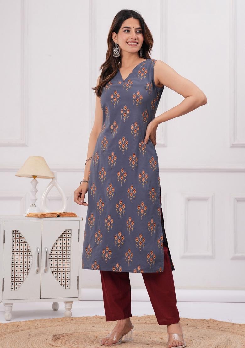 Grey Printed Cotton Kurta - Indya