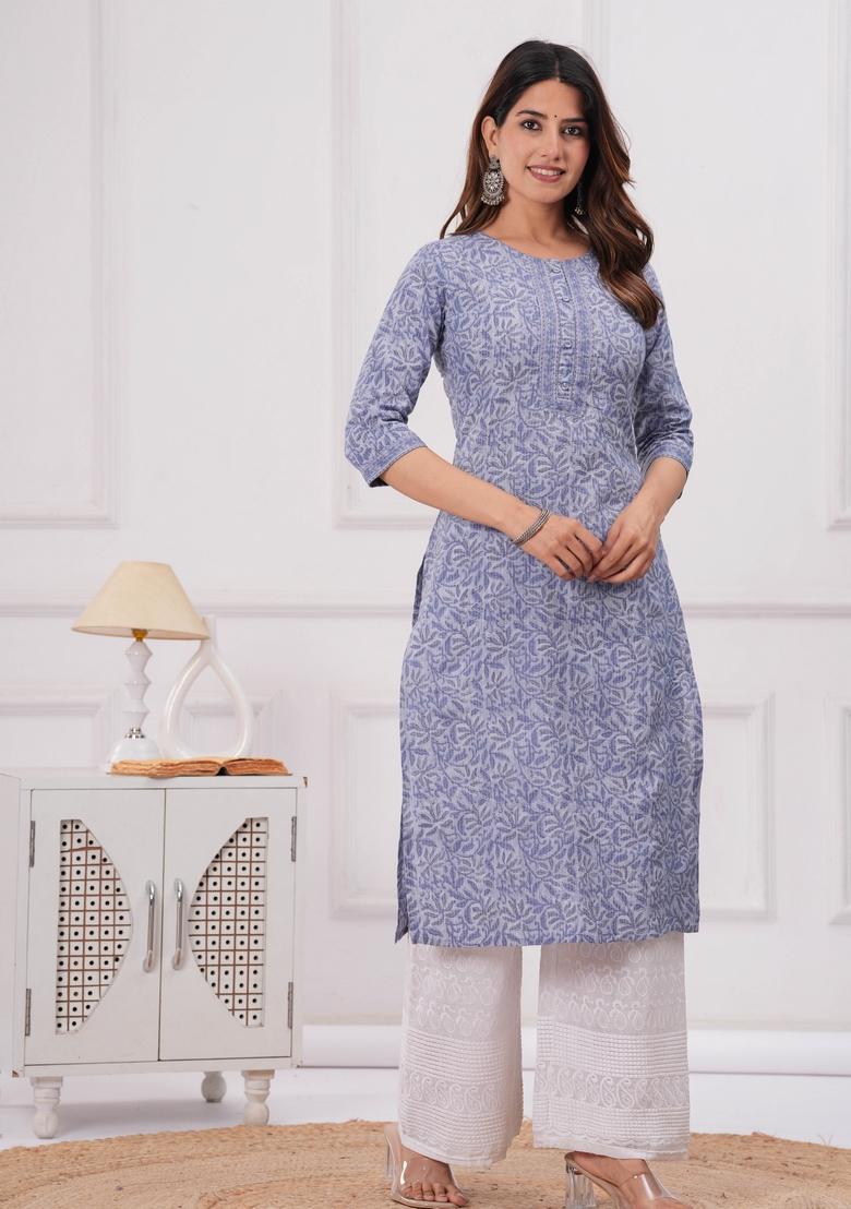 Blue Printed Cotton Kurta - Indya