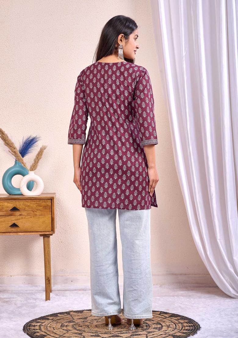 Burgundy Printed Cotton Kurta - Indya