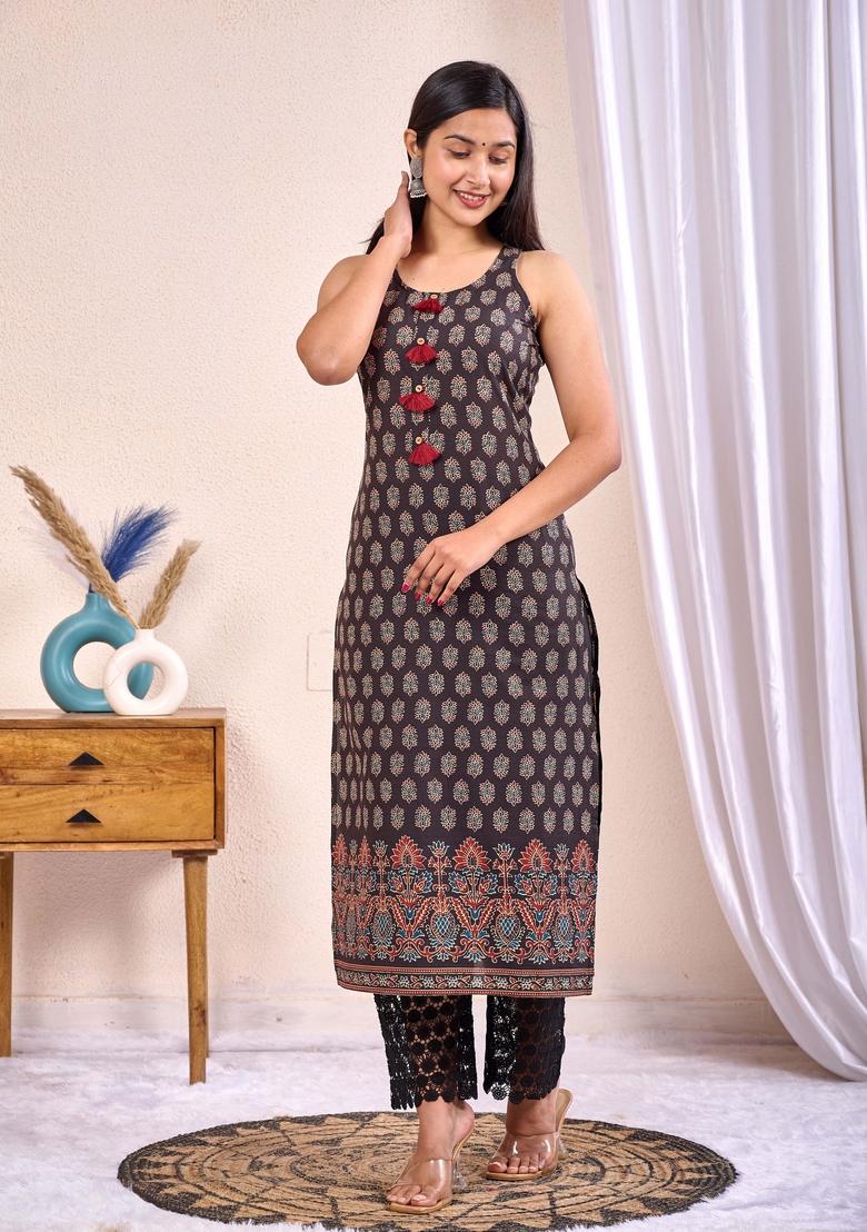 Black Printed Cotton Kurta - Indya