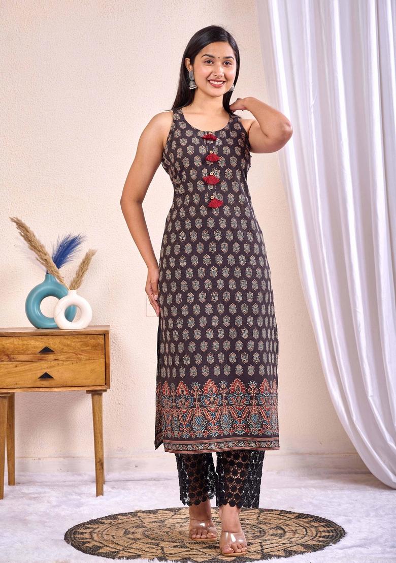 Black Printed Cotton Kurta - Indya