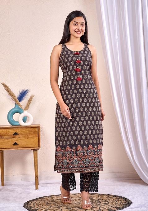 Black Printed Cotton Kurta