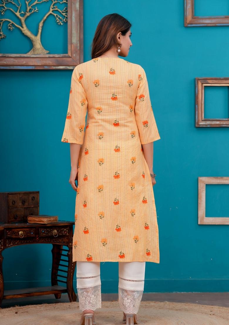Orange Printed Cotton Kurta - Indya