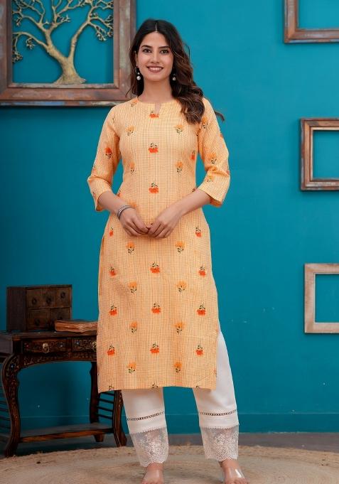 Orange Printed Cotton Kurta