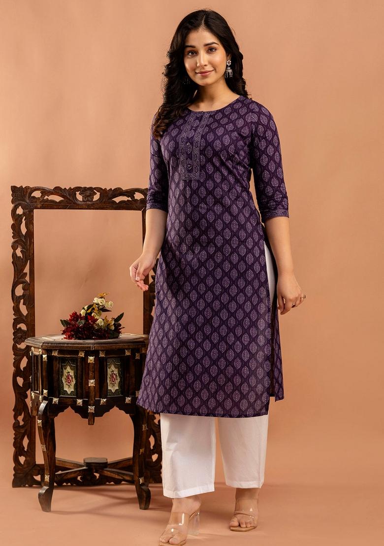 Purple Printed Cotton Kurta - Indya