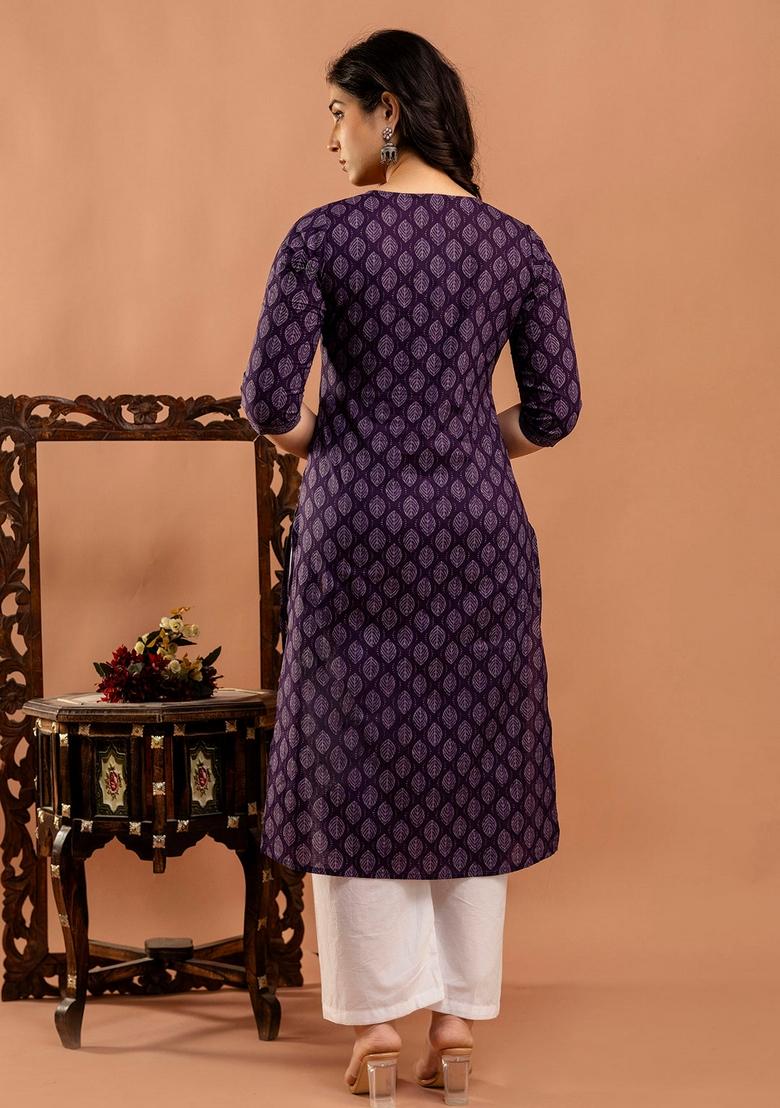 Purple Printed Cotton Kurta - Indya
