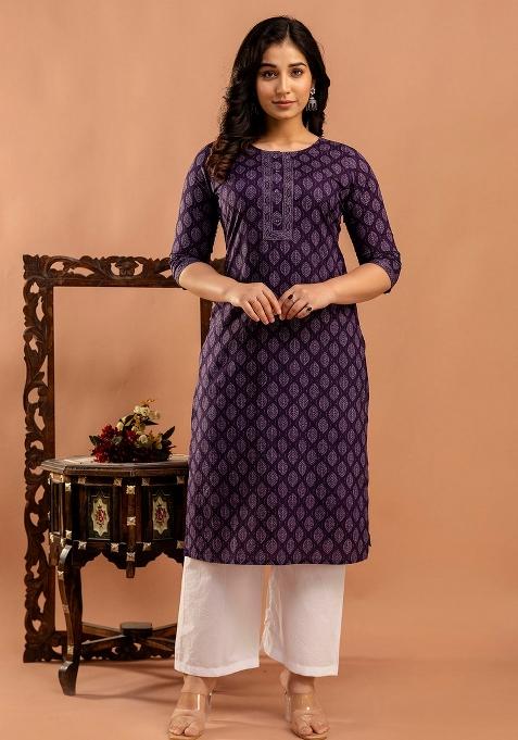 Purple Printed Cotton Kurta
