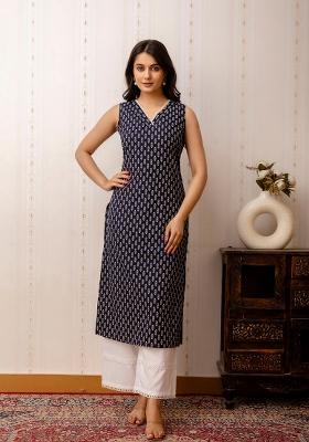 Navy Blue Printed Cotton Kurta