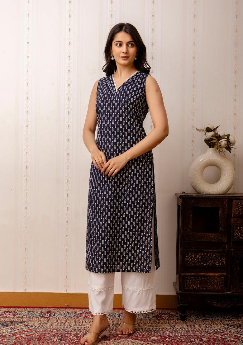 Navy Blue Printed Cotton Kurta - Indya