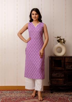 Purple Printed Cotton Kurta