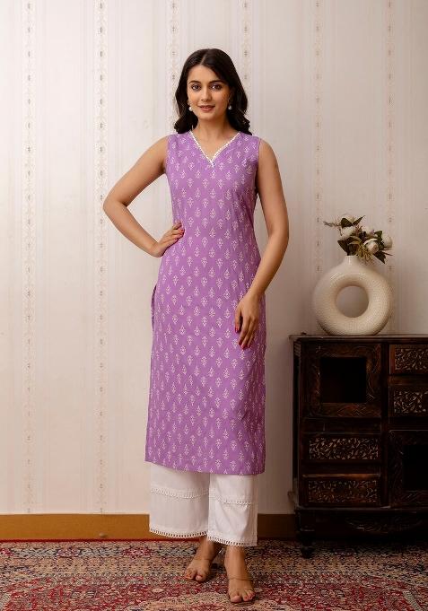 Purple Printed Cotton Kurta