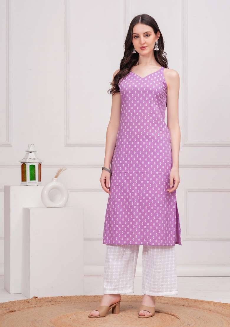 Purple Printed Cotton Straight Kurta Set - Indya