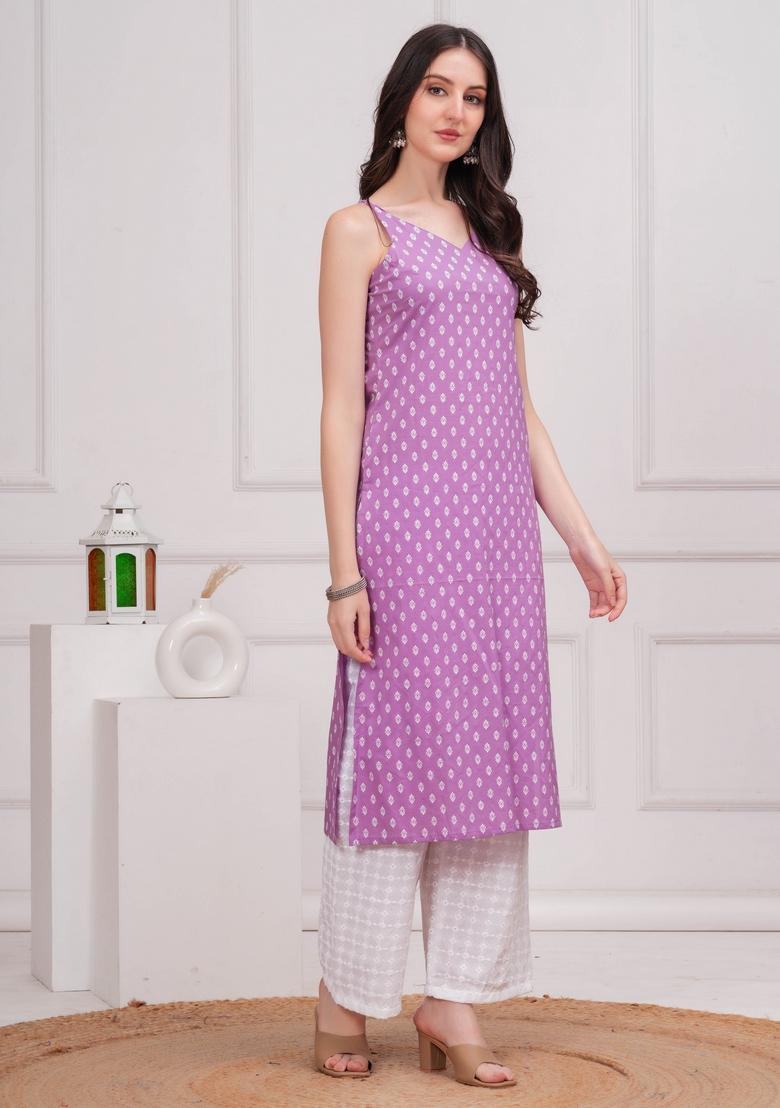 Purple Printed Cotton Kurta - Indya