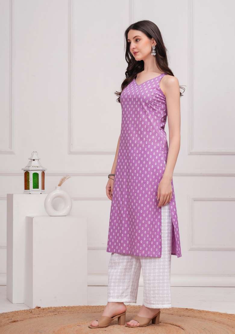 Purple Printed Cotton Straight Kurta Set - Indya