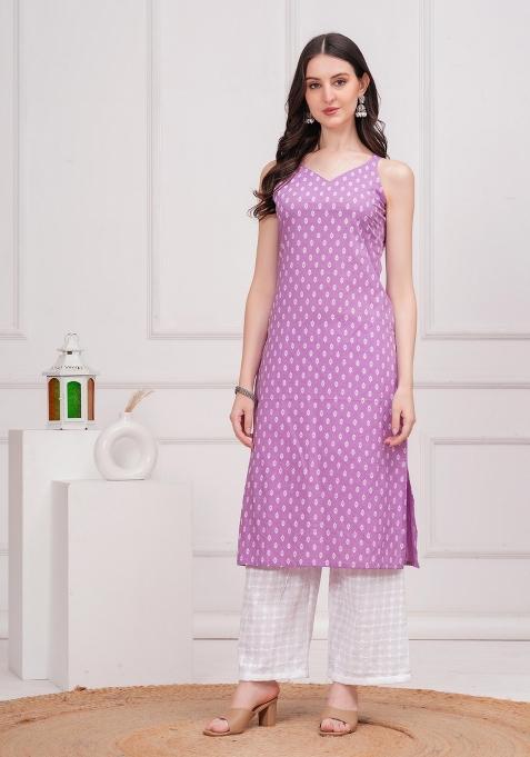 Purple Printed Cotton Kurta