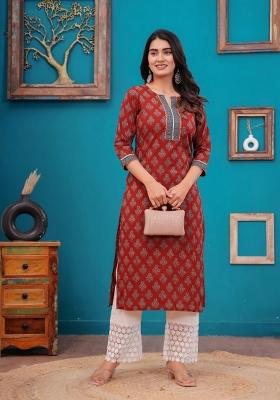 Maroon Printed Cotton Kurta