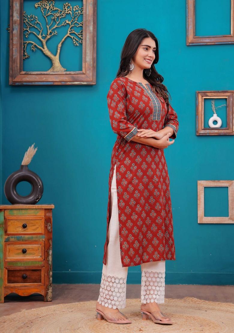 Maroon Printed Cotton Kurta - Indya