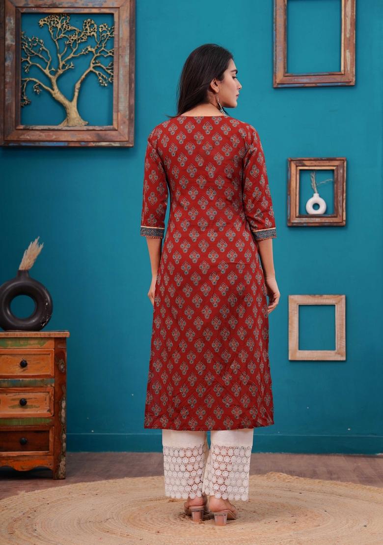 Maroon Printed Cotton Kurta - Indya