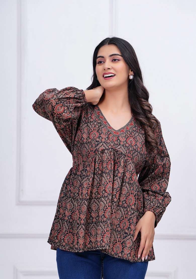 Black Printed Cotton Kurta - Indya